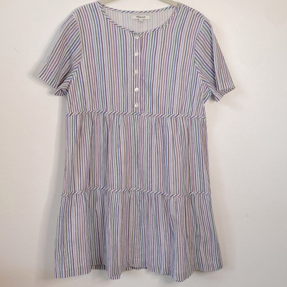 Madewell Dress Mini Striped Crewneck Button Front Tiered Item AO242 Size Medium - Picture 3 of 10